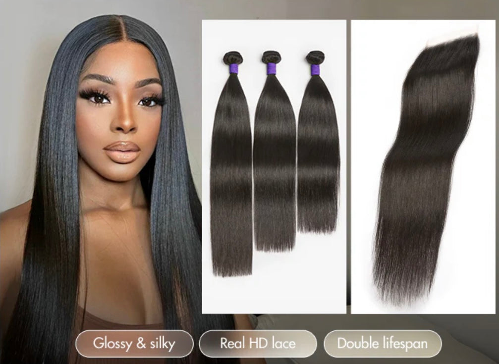 LACE CLOSURE + BUNDLE DEAL, STRAIGHT 18" 20" 22", 4" x 4" HD LACE CLOSURE, COLOR (NATURAL)