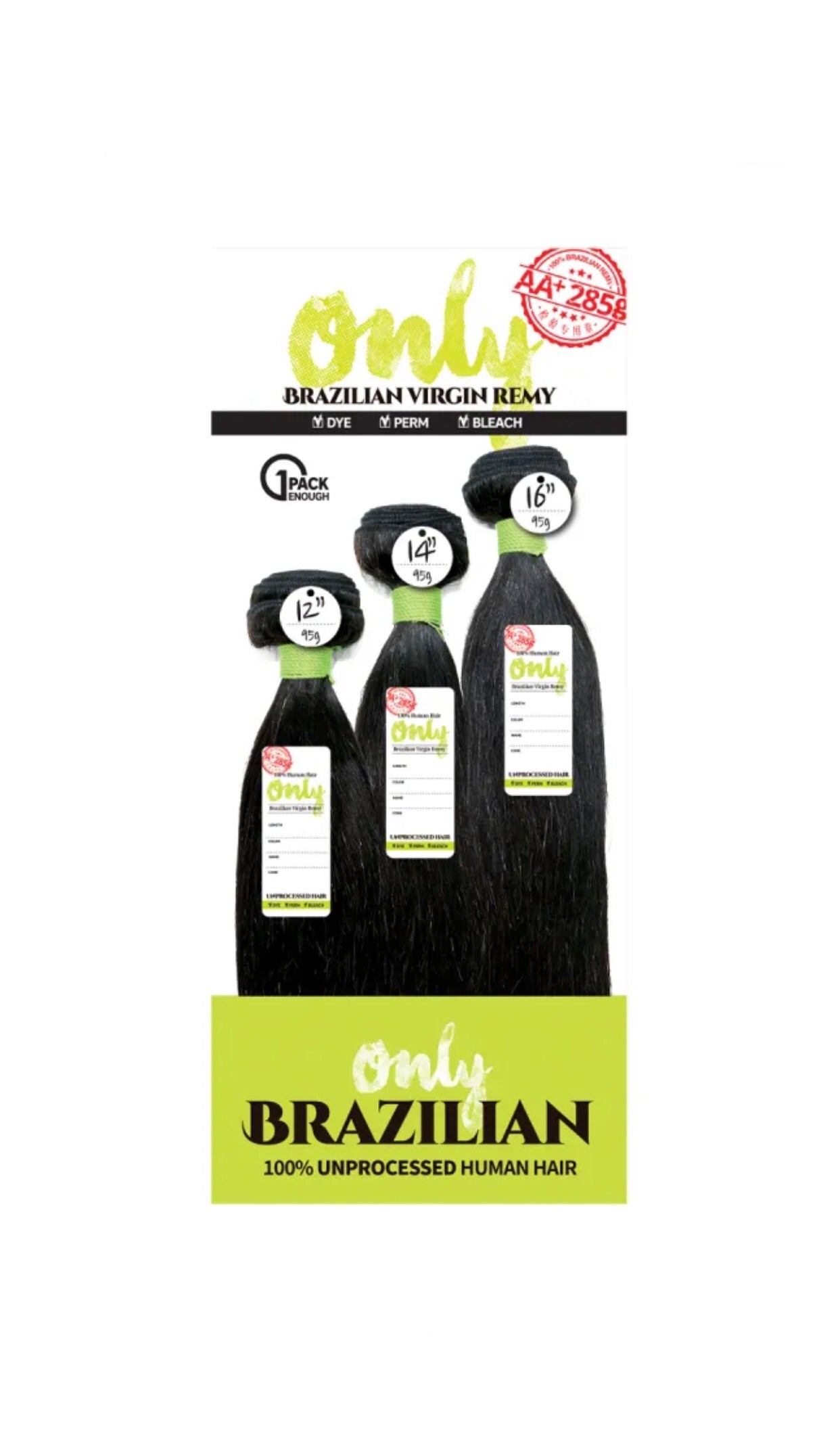 Brazilian 100% Unprocessed Human Hair Color (Natural) 12", 14", 16"