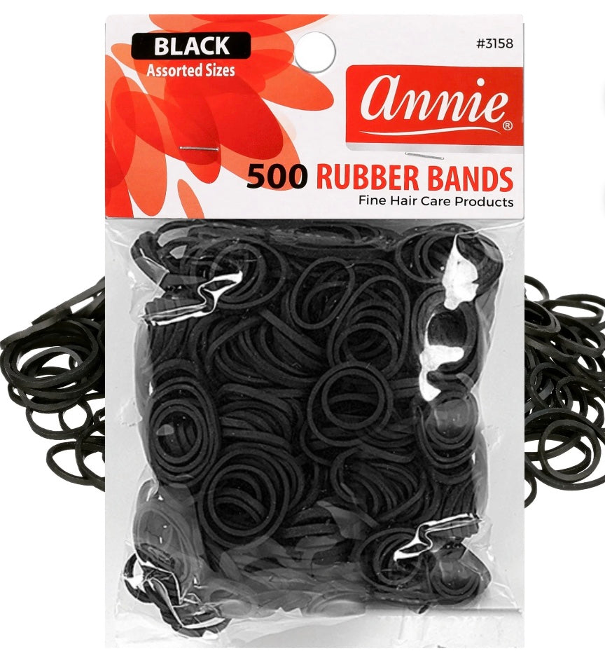 ANNIE RUBBER BANDS ASSORTED SIZES, 500 RUBBER BAND HAIR TIES, BLACK