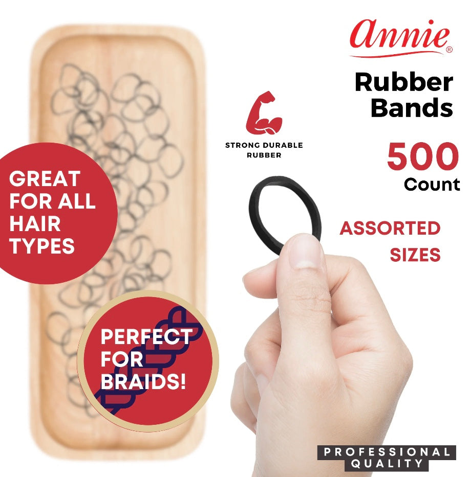ANNIE RUBBER BANDS ASSORTED SIZES, 500 RUBBER BAND HAIR TIES, BLACK