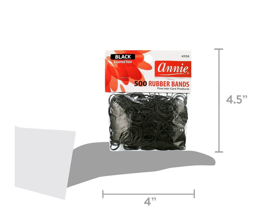 ANNIE RUBBER BANDS ASSORTED SIZES, 500 RUBBER BAND HAIR TIES, BLACK