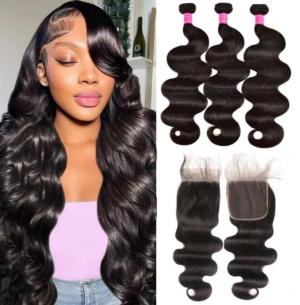 LACE CLOSURE + BUNDLE DEAL, DEEP 14" 16" 18", 4" x 4" HD LACE CLOSURE, COLOR (NATURAL)