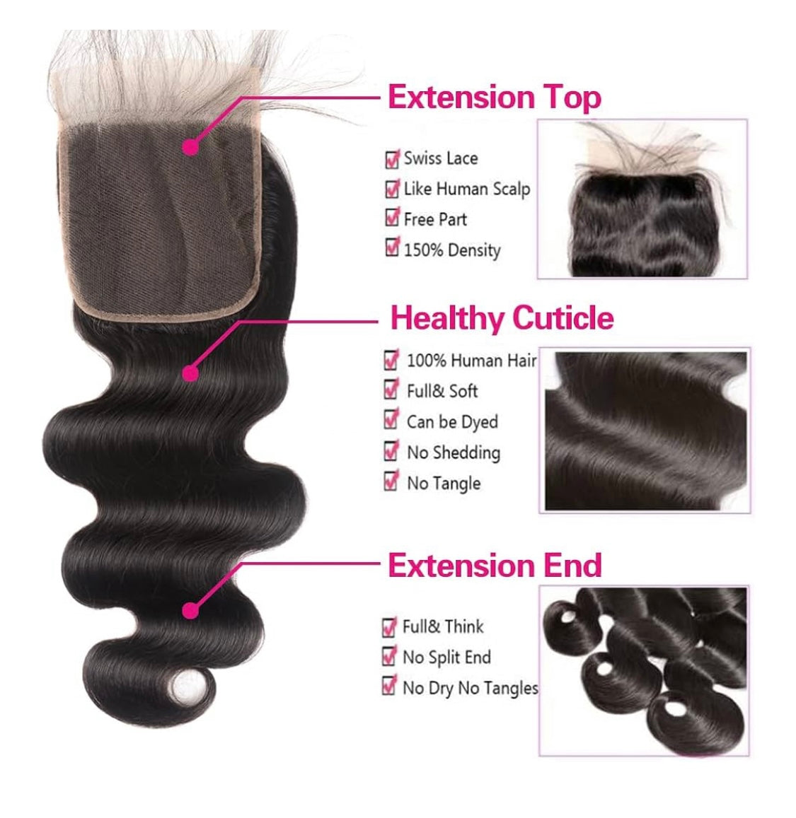 LACE CLOSURE + BUNDLE DEAL, BODY WAVE 10" 12" 14",  13" x 4" HD LACE CLOSURE, COLOR (NATURAL BLACK)