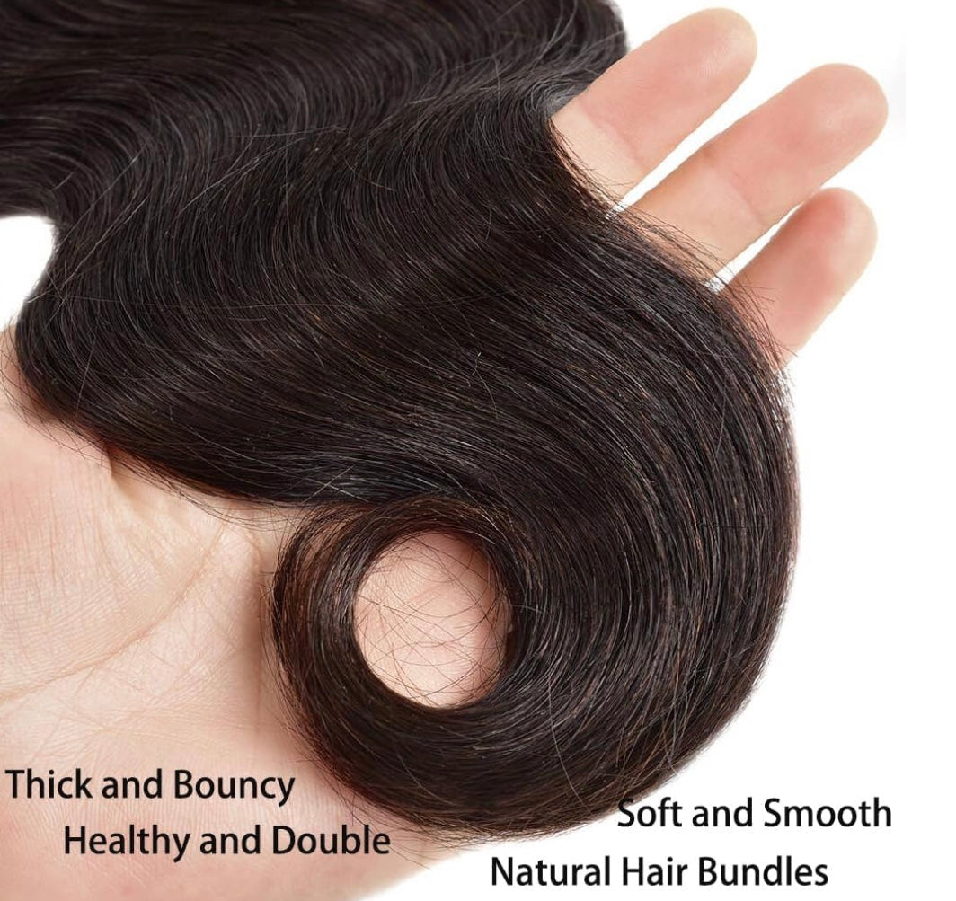 LACE CLOSURE + BUNDLE DEAL, BODY WAVE 10" 12" 14",  13" x 4" HD LACE CLOSURE, COLOR (NATURAL BLACK)