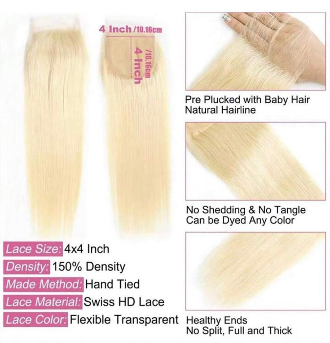 B&B EXPRESS GOLD 100% BRAZILIAN STRAIGHT VIRGIN HUMAN HAIR COLOR 613, 10" (4x4)
