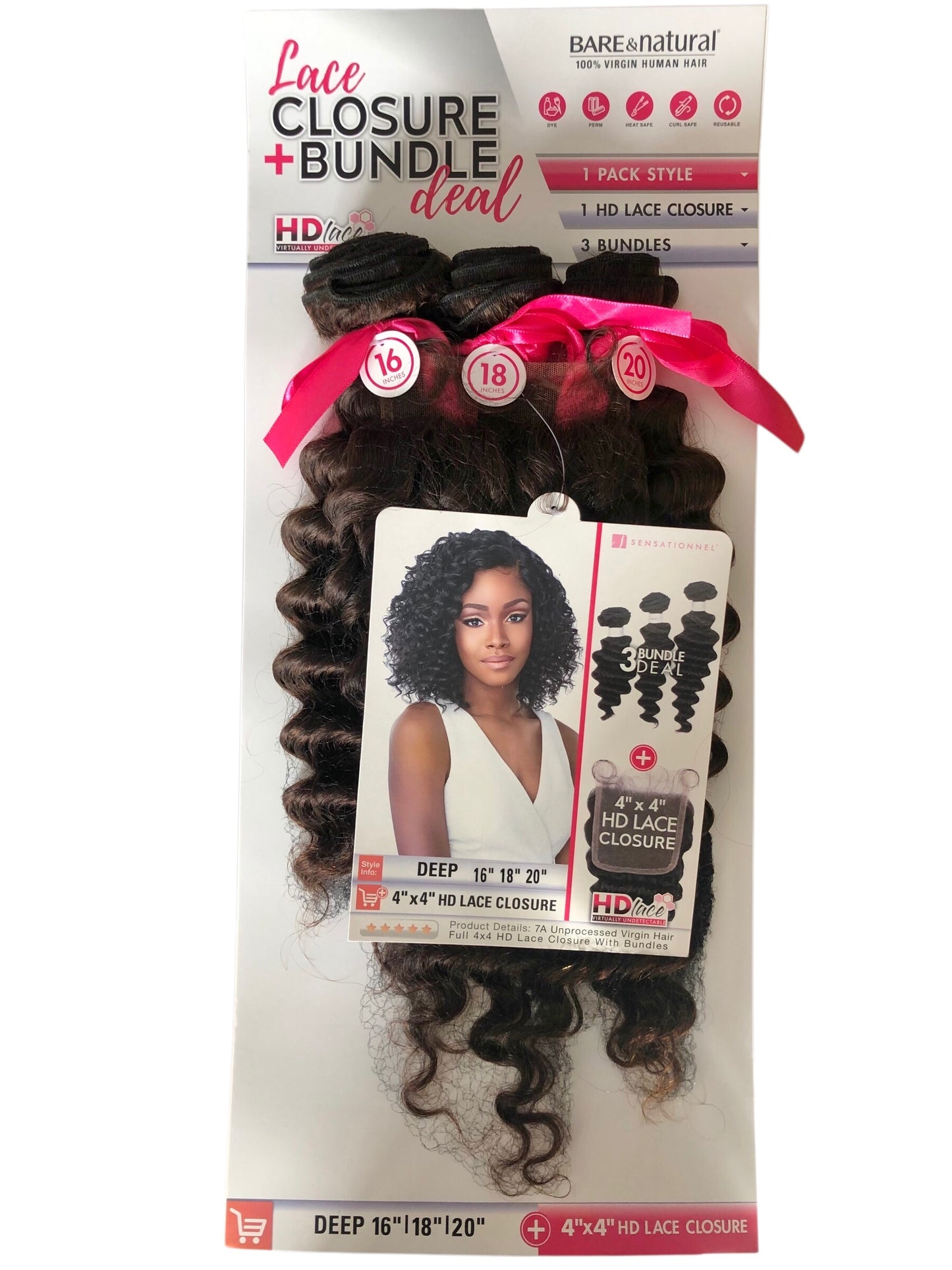 LACE CLOSURE + BUNDLE DEAL, BODY WAVE 16" 18" 20",  4"x 4" HD LACE CLOSURE, COLOR (NATURAL)