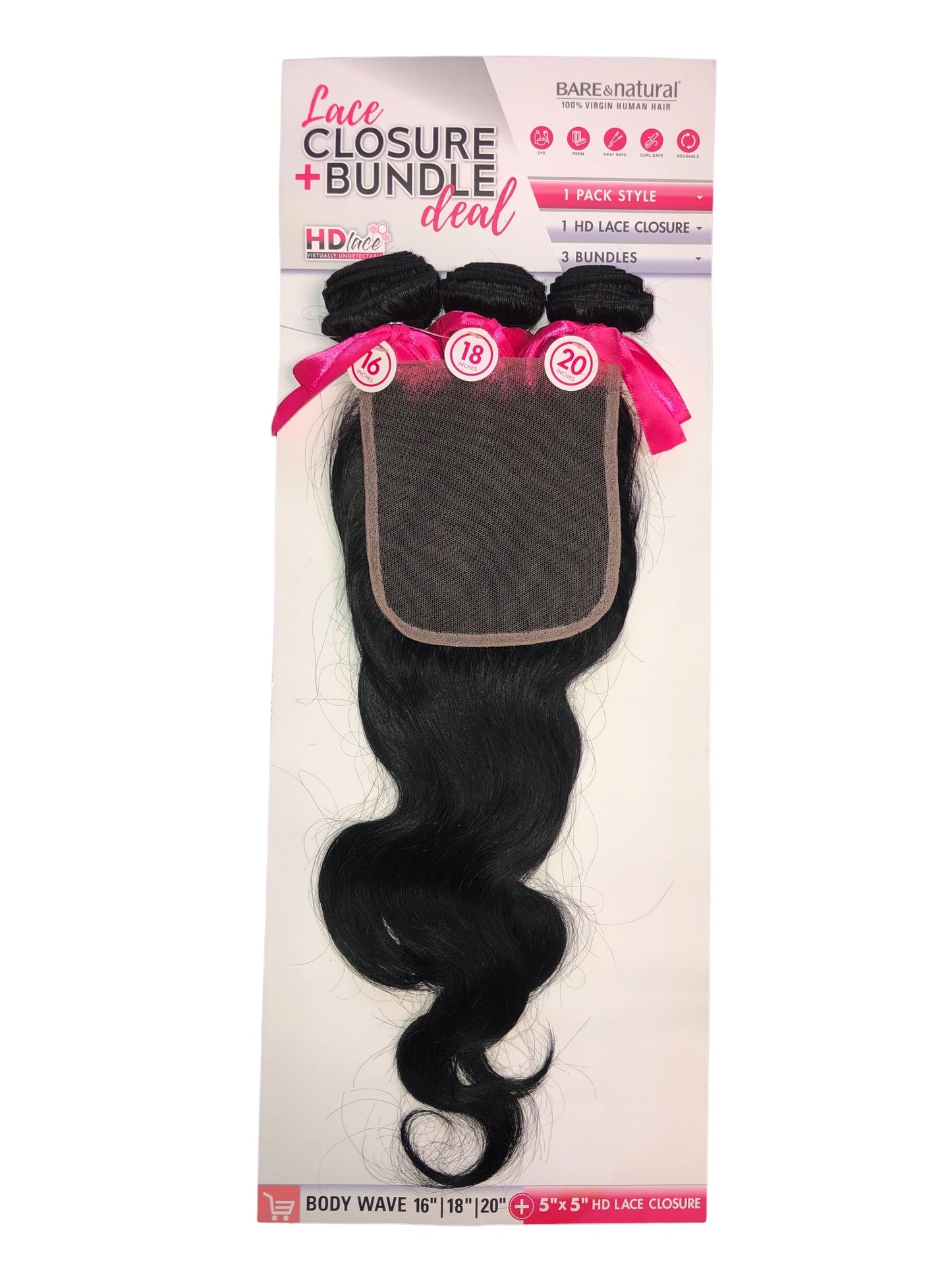 LACE CLOSURE + BUNDLE DEAL, BODY WAVE 10" 12" 14",  13" x 4" HD LACE CLOSURE, COLOR (NATURAL BLACK)
