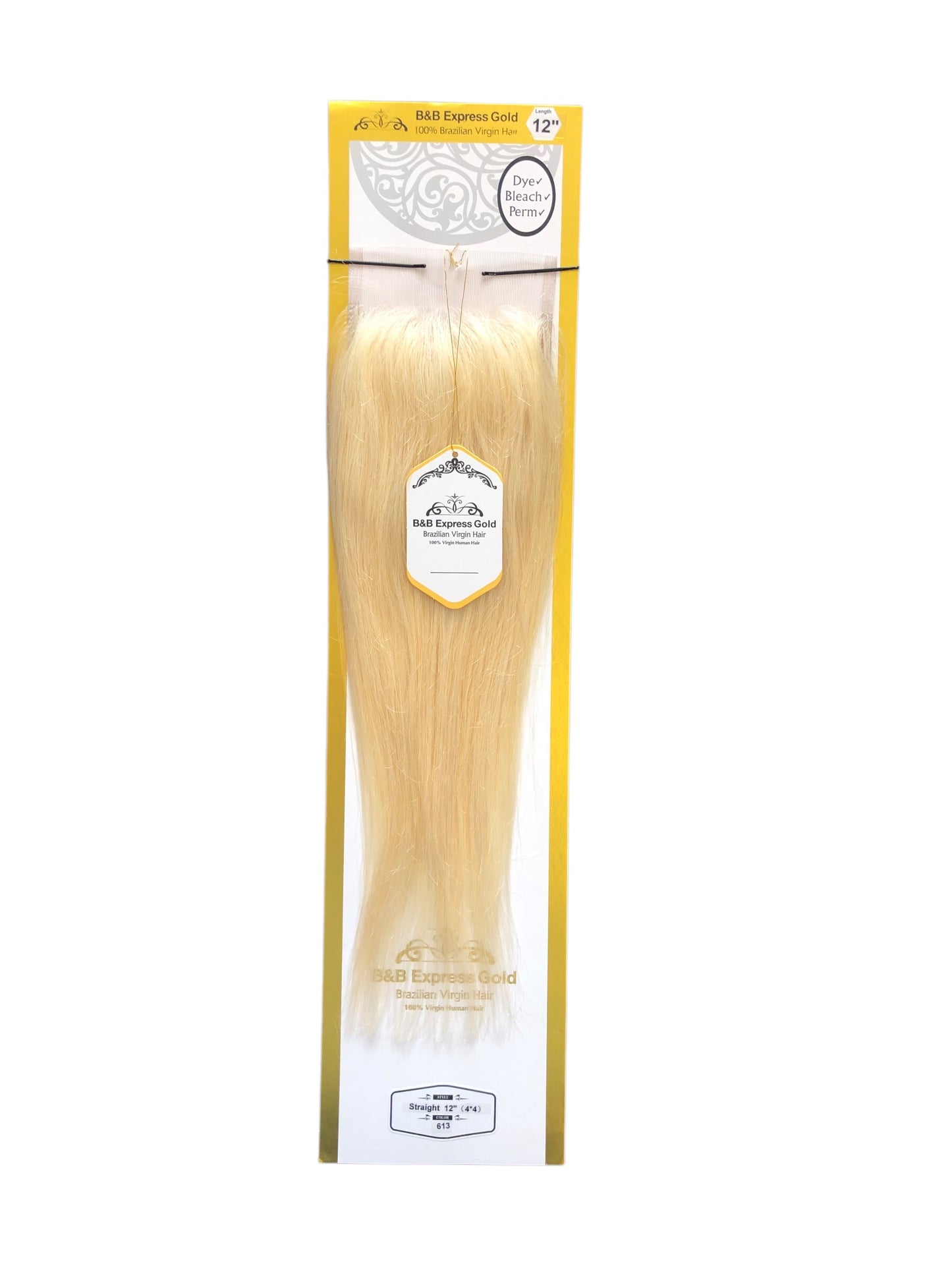 B&B EXPRESS GOLD 100% BRAZILIAN STRAIGHT VIRGIN HUMAN HAIR COLOR 613, 12" (4x4)
